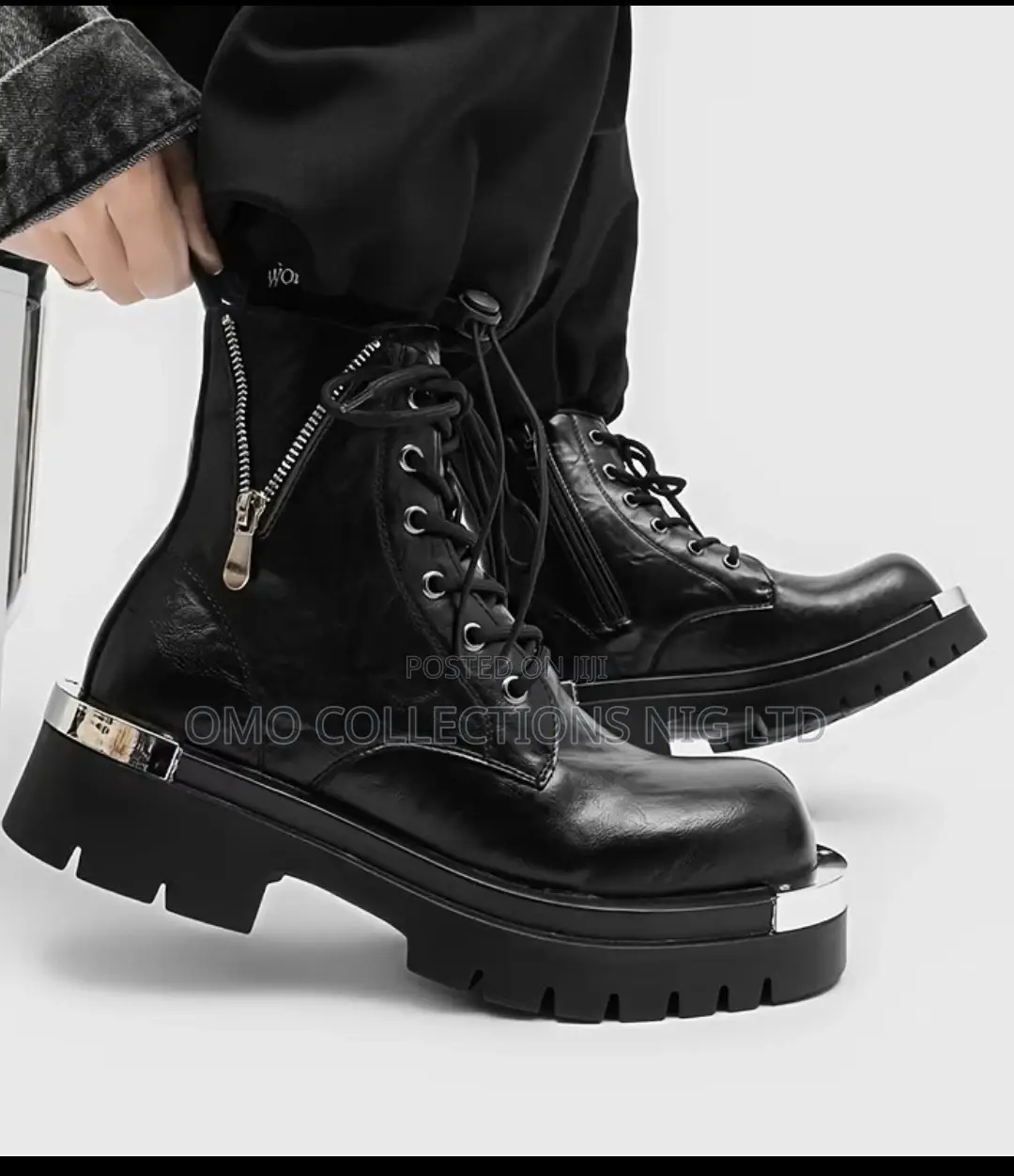 Italian Made Men’s Black Faux Leather Combat Boots With Zipper –