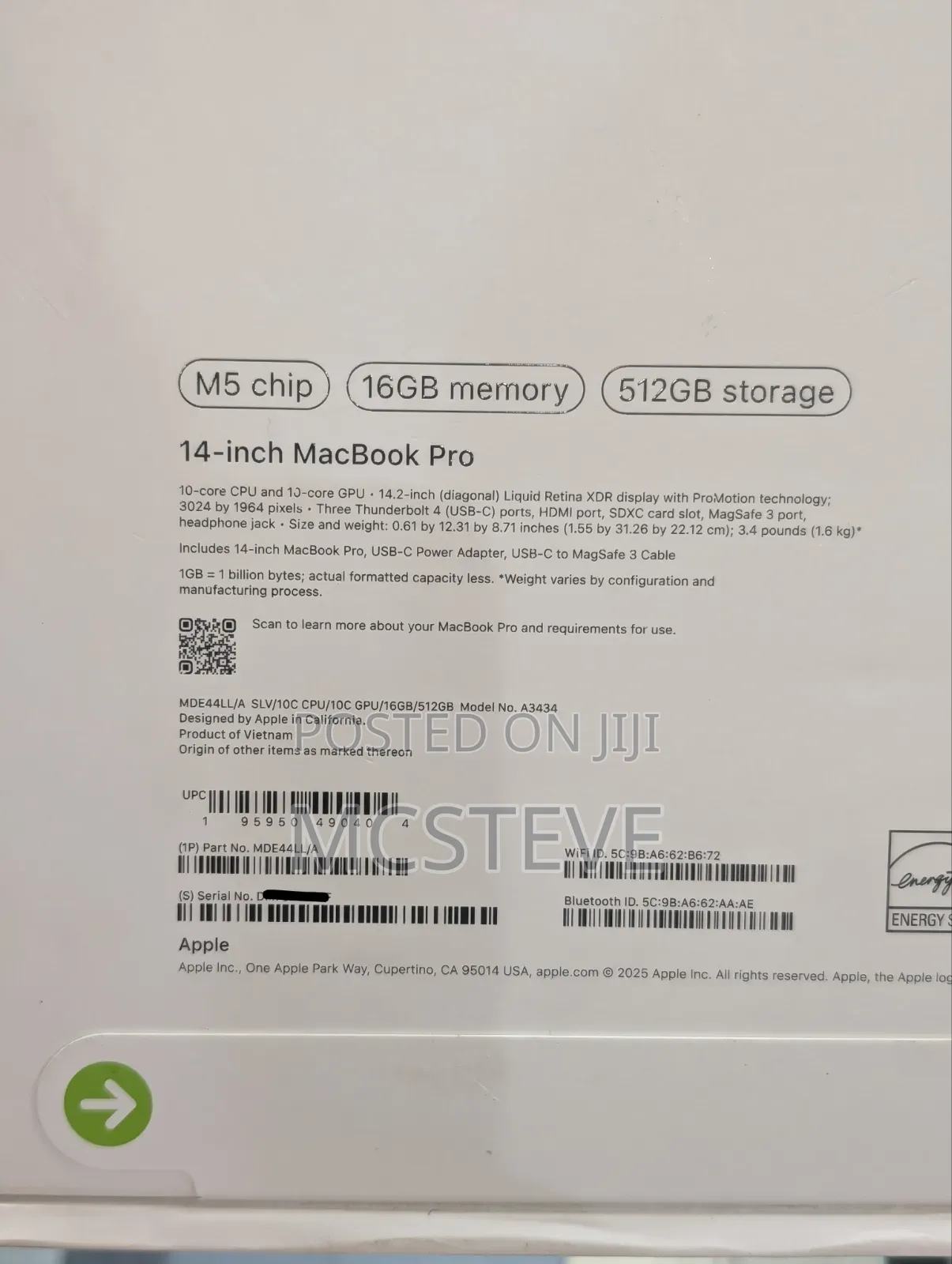 New Laptop Apple MacBook Pro 2025 M5 16GB Apple M5 SSD 512GB