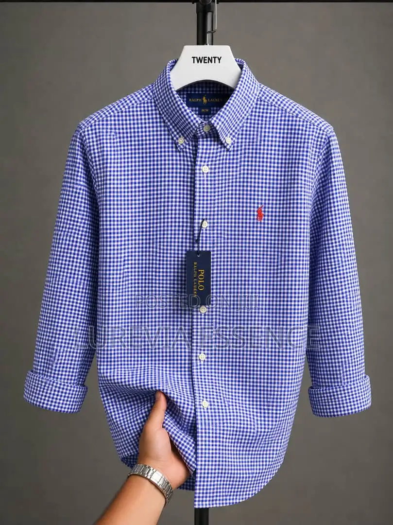 Men’s Blue White Checkered Long-Sleeve Shirt
