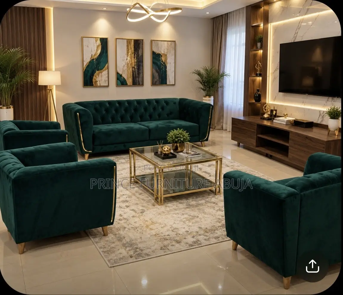 Premium Seller || Luxury Emerald Green 7-Seater Velvet Sofa Set||Abuja