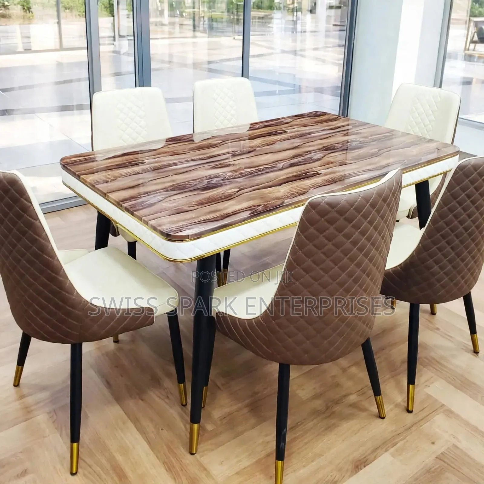 Luxury 6-Seater Marble Dining Table Set - Brown Cream Quilted Chairs