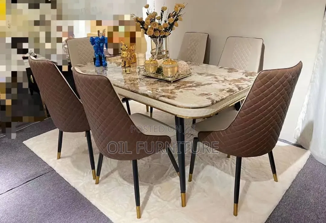 Luxury 6-Seater Marble Top Dining Set With Diamond-Quilted Leather