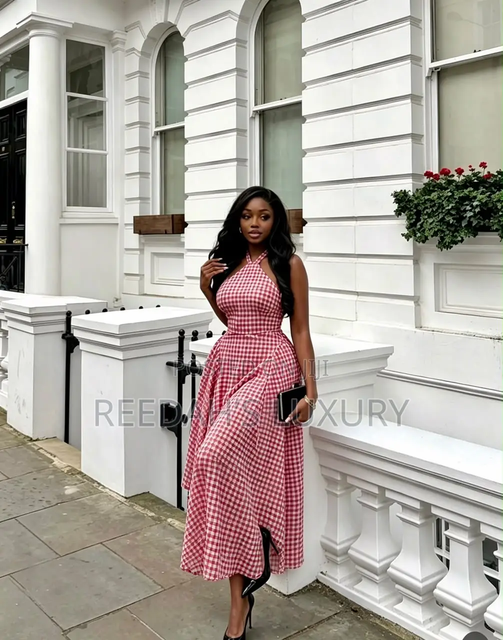 Blue Gingham Halter Midi Dress