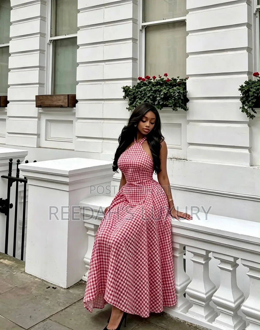 Blue Gingham Halter Midi Dress