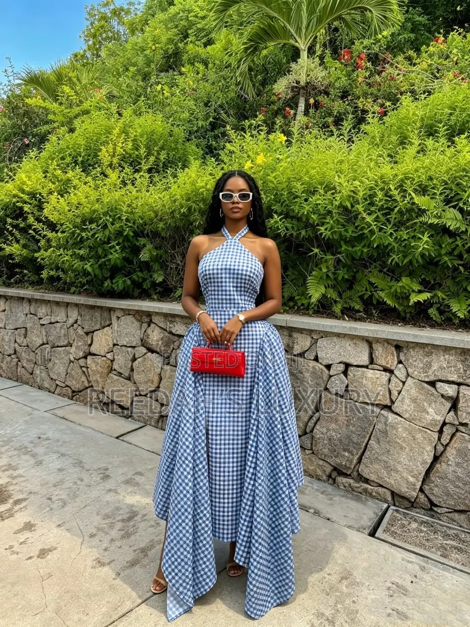 Blue Gingham Halter Midi Dress