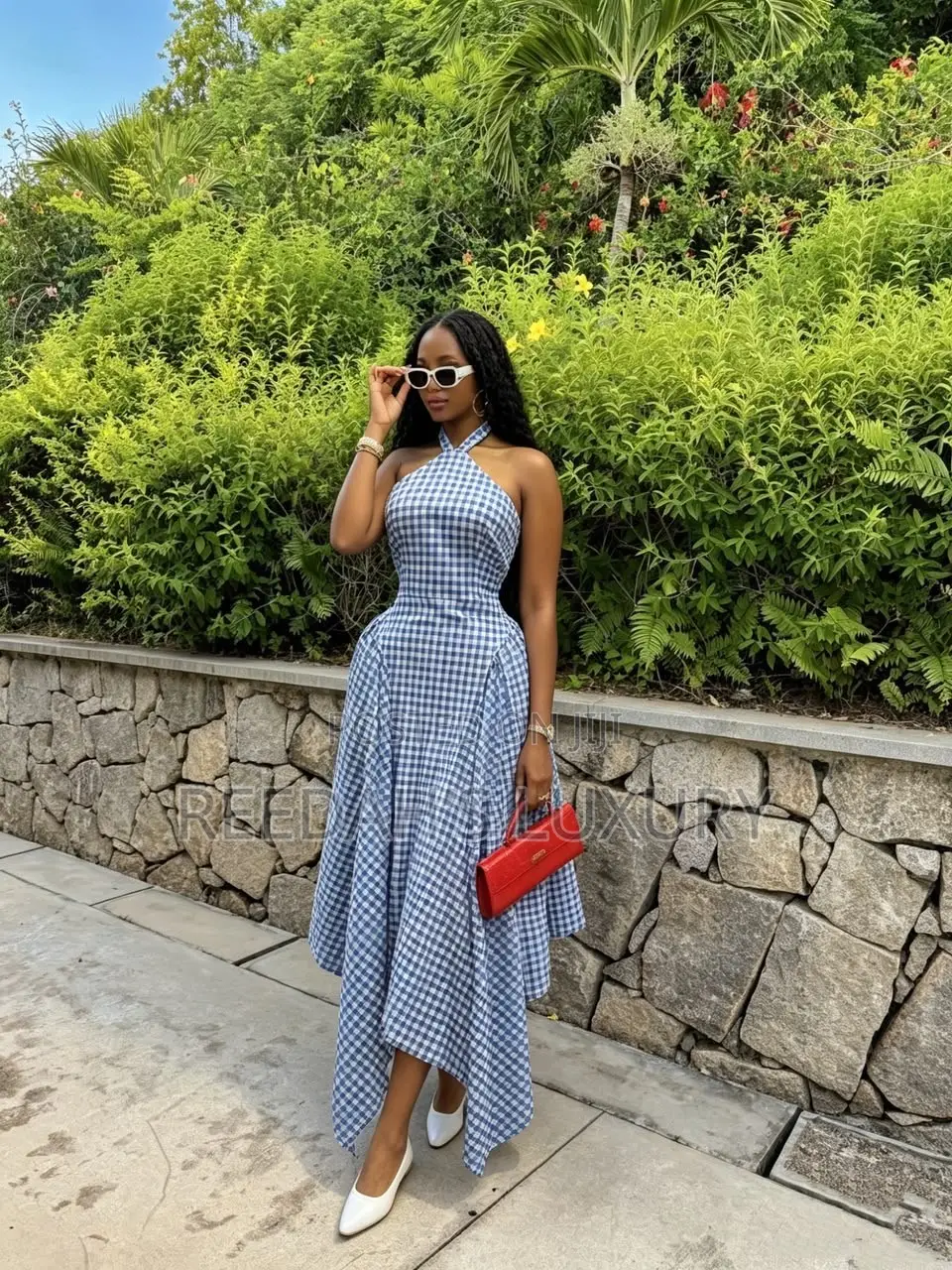 Blue Gingham Halter Midi Dress