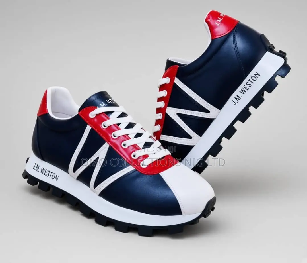 J.M. Weston Men’s Navy Blue, White and Red Leather Lace-Up Sneakers