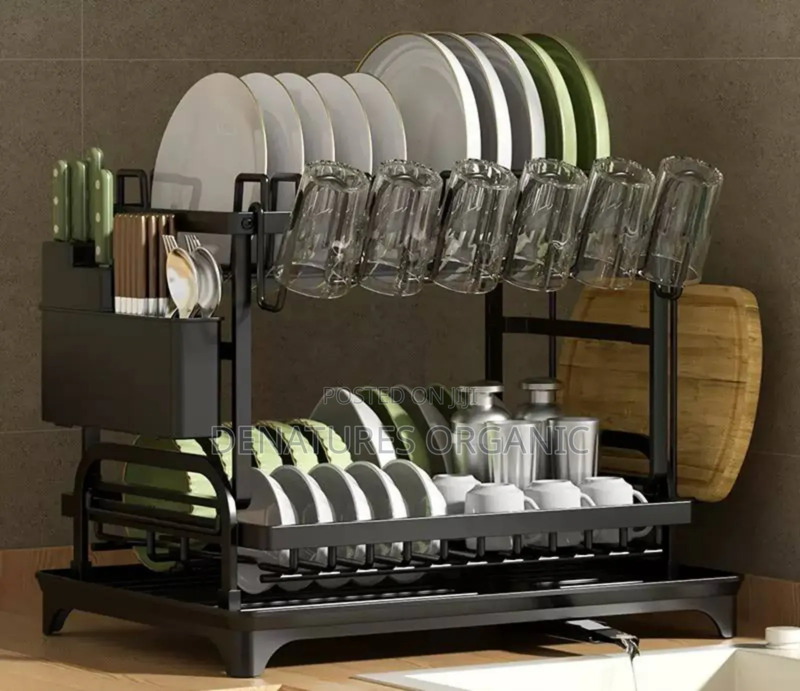 2-Tier Dish Drying Rack With Cutlery Holder Auto-Drainboard
