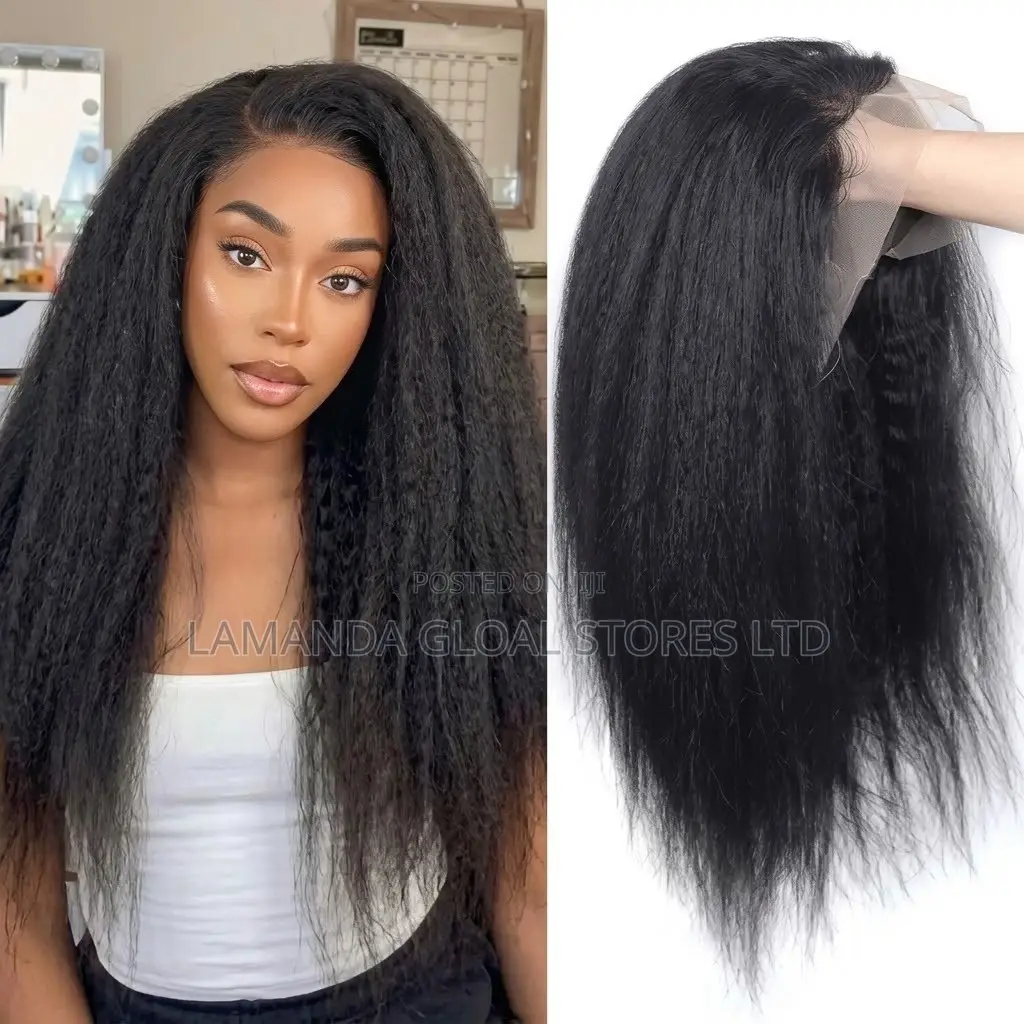 Long Kinky Straight Yaki Lace Front Human Hair Wig