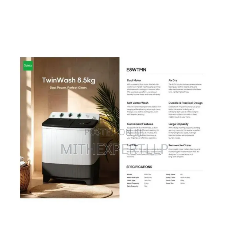 Syinix 8.5KG Top Load Twin Tub Washing Machine (E8WTMG)