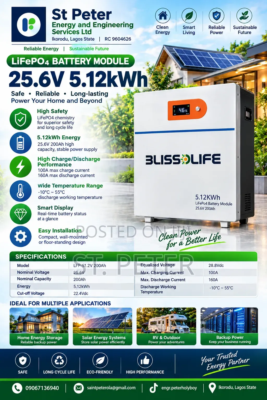5.12kWh LiFePO4 Lithium Battery – 25.6V 200Ah | BLISSOLIFE