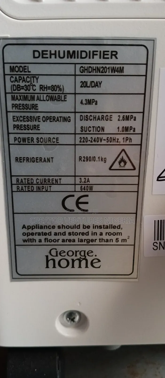 Dehumidifier GEORGE HOME 20/25Lts,Remove Mist,Waiters,Odours,airpurfye