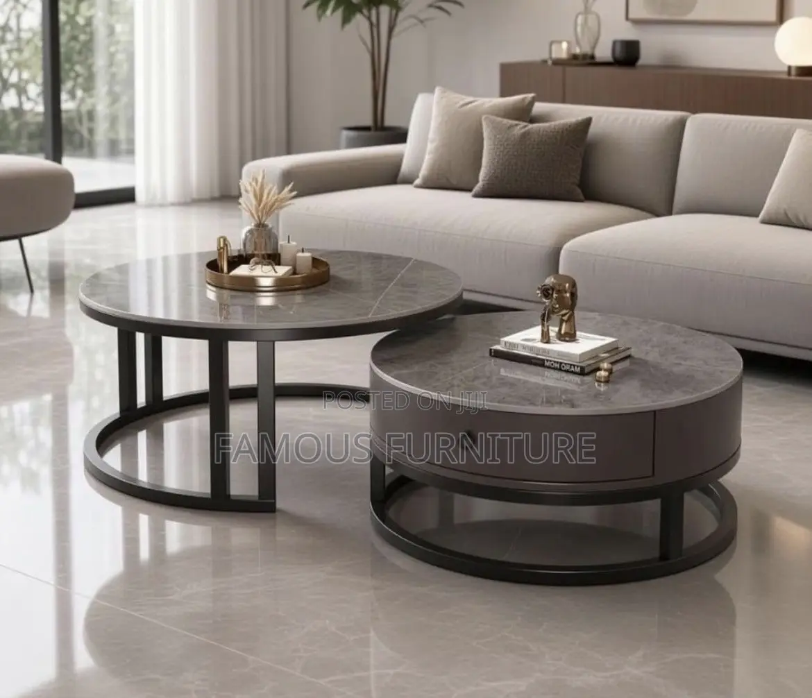 Modern 2-in-1 Round Nesting Coffee Table Set Feat Elegant Grey Marble