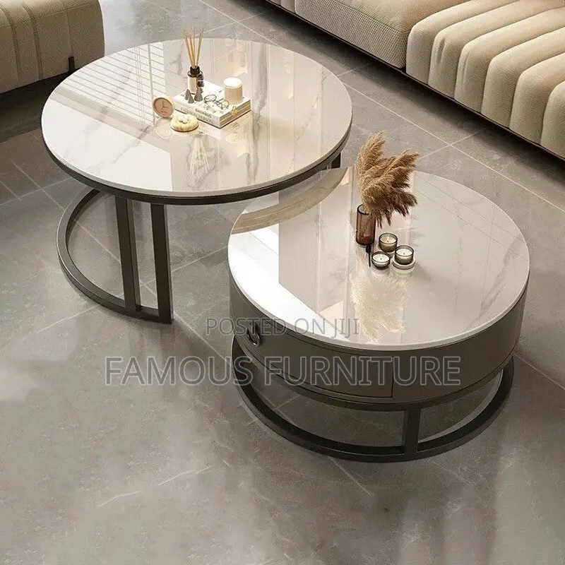 Modern 2-in-1 Round Nesting Coffee Table Set Feat Elegant Grey Marble
