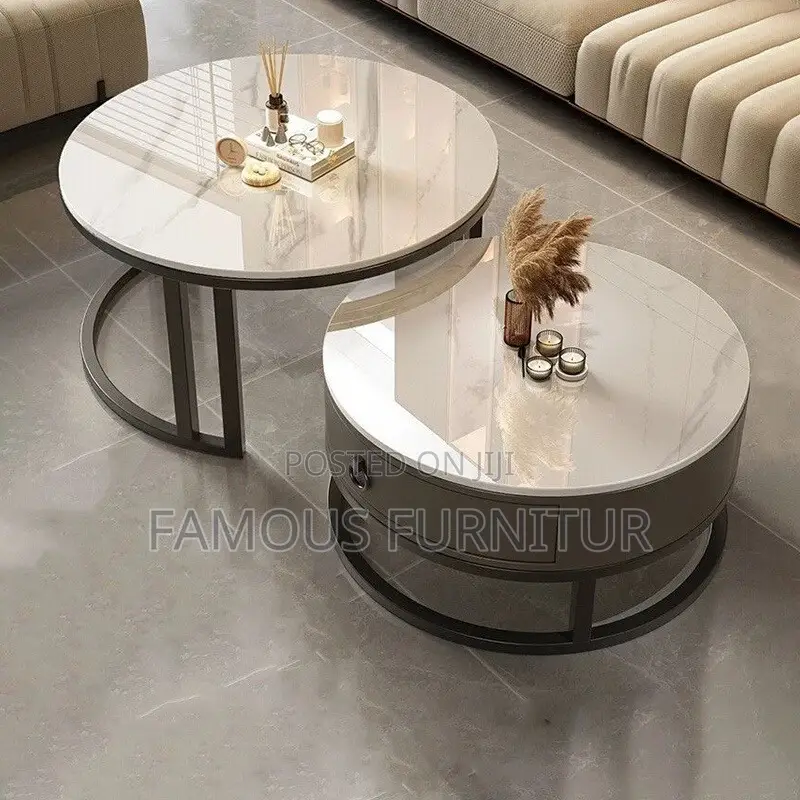 Modern 2-in-1 Round Nesting Coffee Table Set Feat Elegant Grey Marble