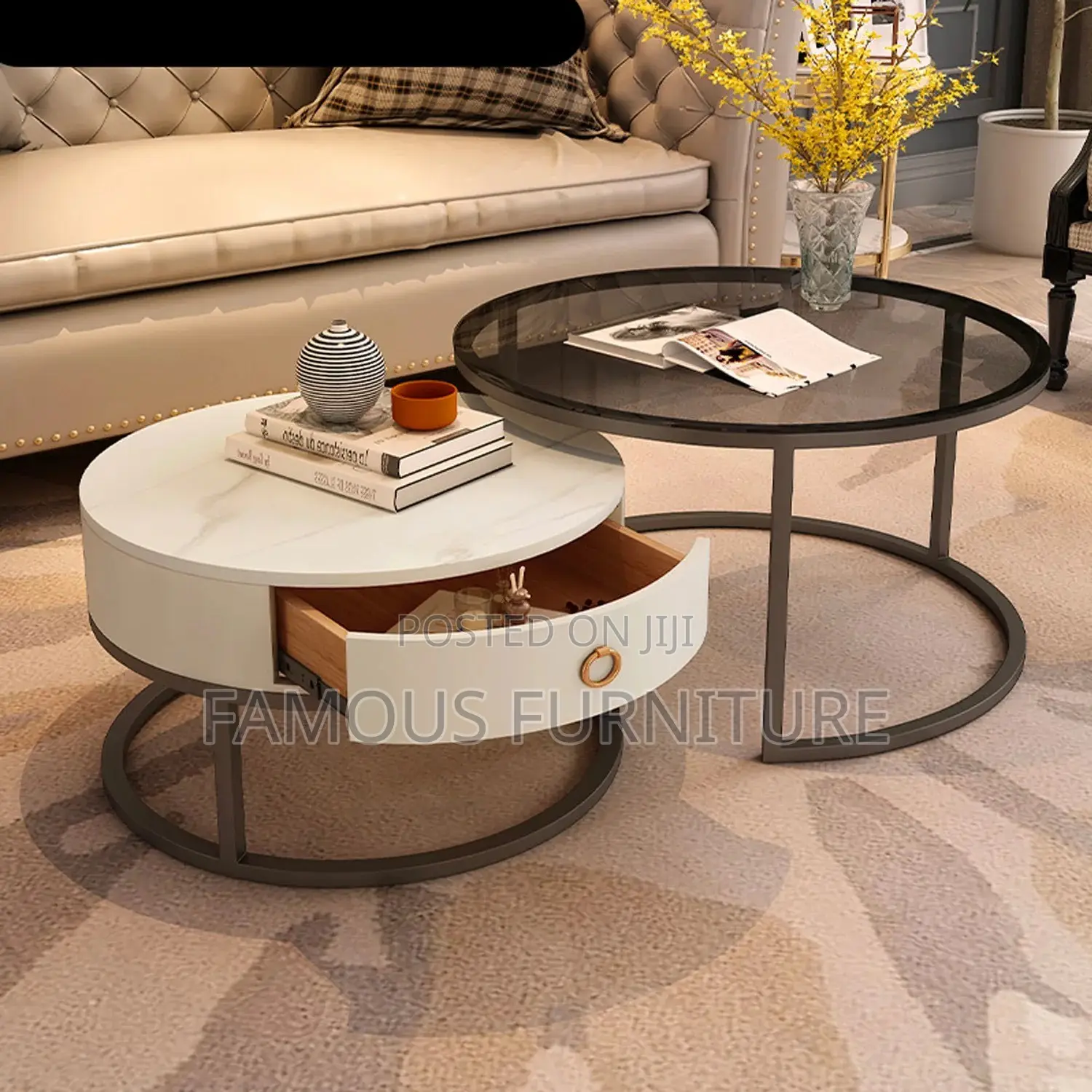 Modern 2-in-1 Round Nesting Coffee Table Set Feat Elegant Grey Marble