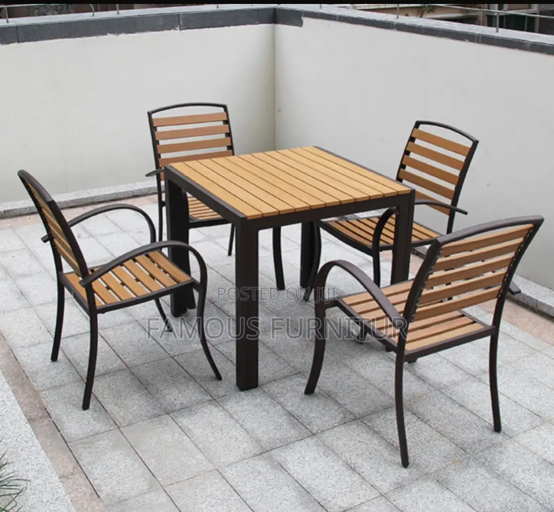 Sleek Black Outdoor Dining Set of Square Slatted Table Chairs