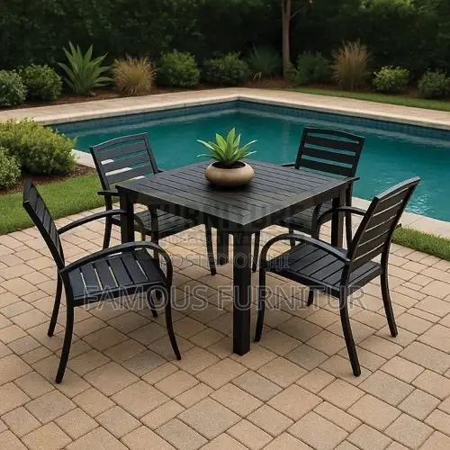 Sleek Black Outdoor Dining Set of Square Slatted Table Chairs