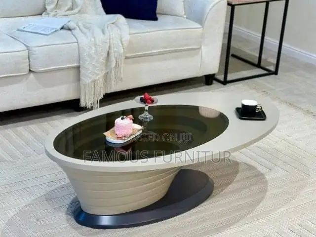 Modern Minimalist Oval Coffee Table Featuring a Dark Glass Center