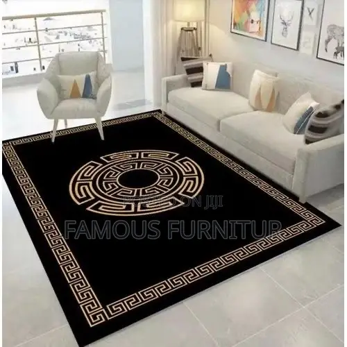 Modern Center Rug Featuring a Striking Black Marble-Look Center Framed