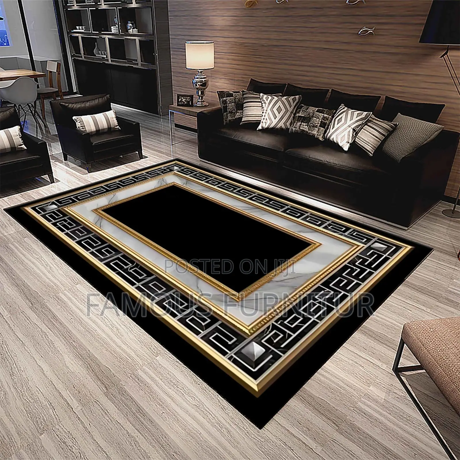 Modern Center Rug Featuring a Striking Black Marble-Look Center Framed