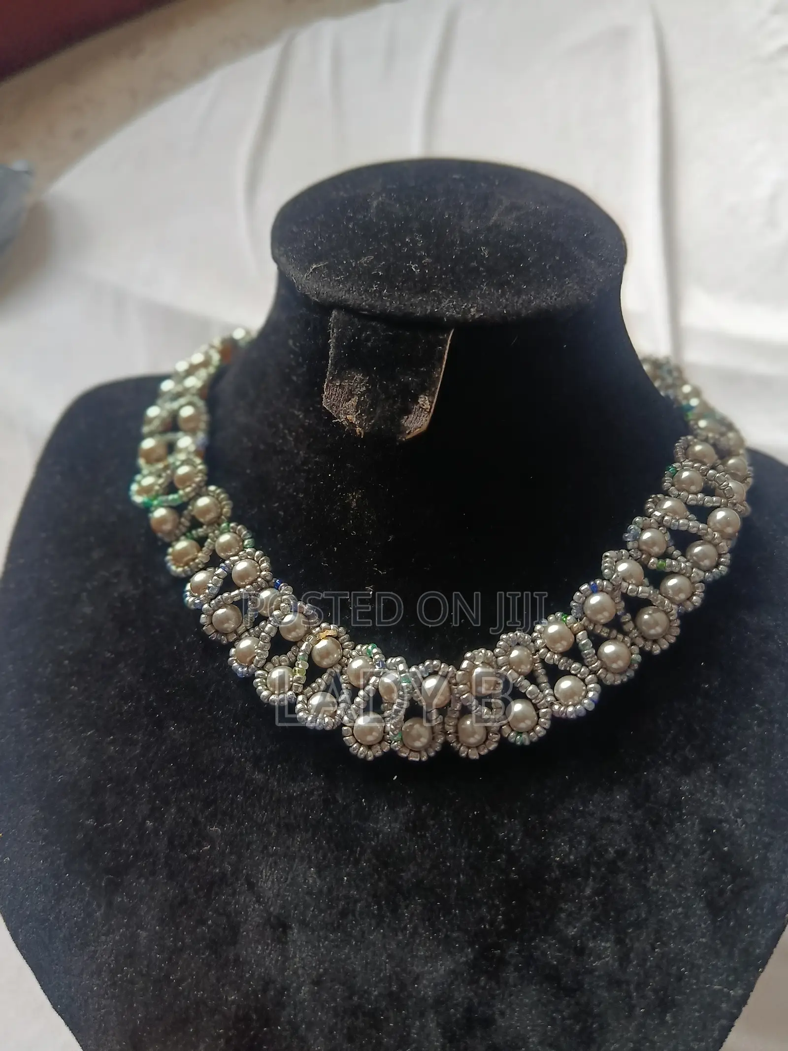 2 PCS Silver Pearl and Stone Bead Spiral Necklace and Bracelet Set