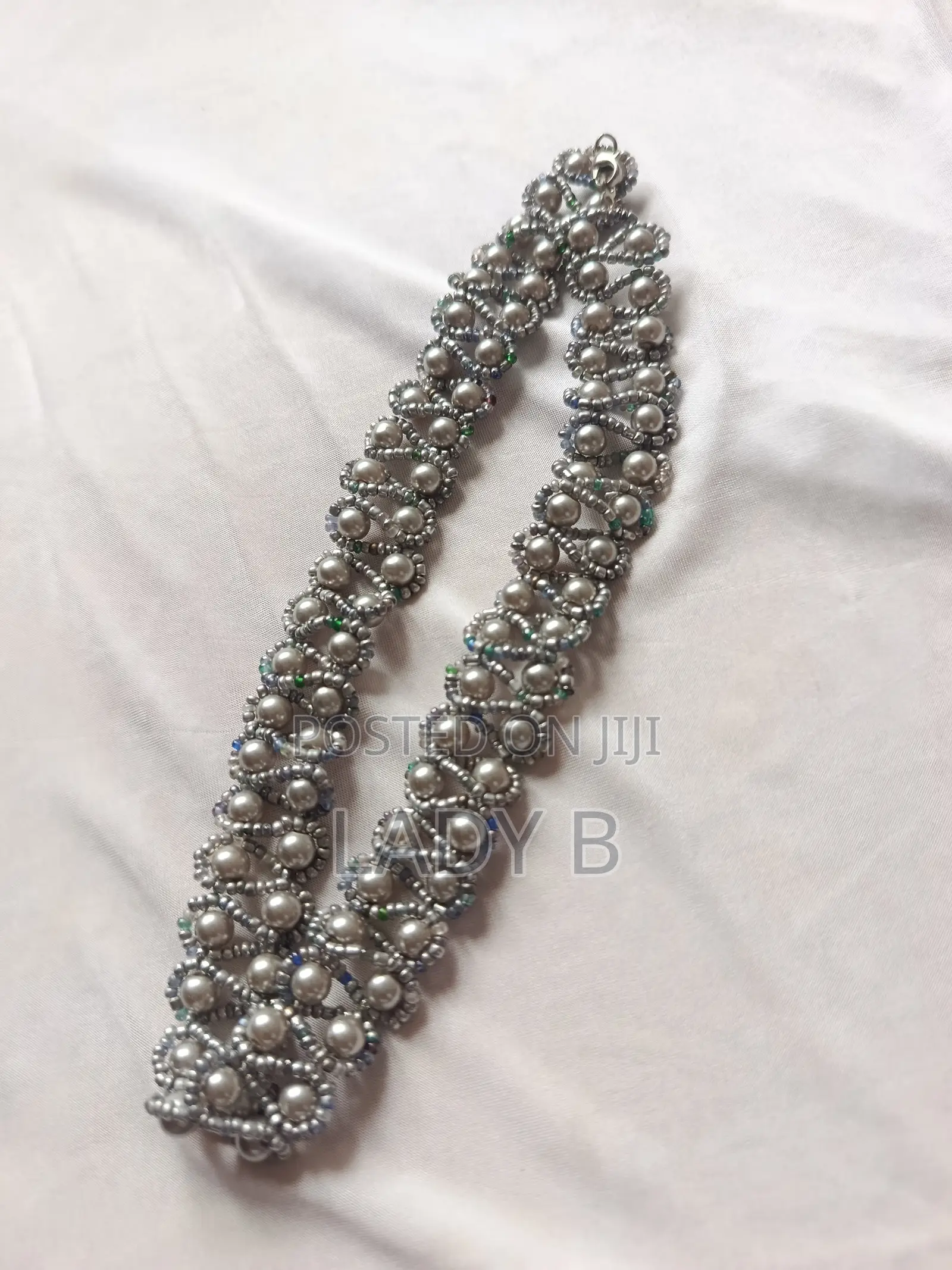 2 PCS Silver Pearl and Stone Bead Spiral Necklace and Bracelet Set