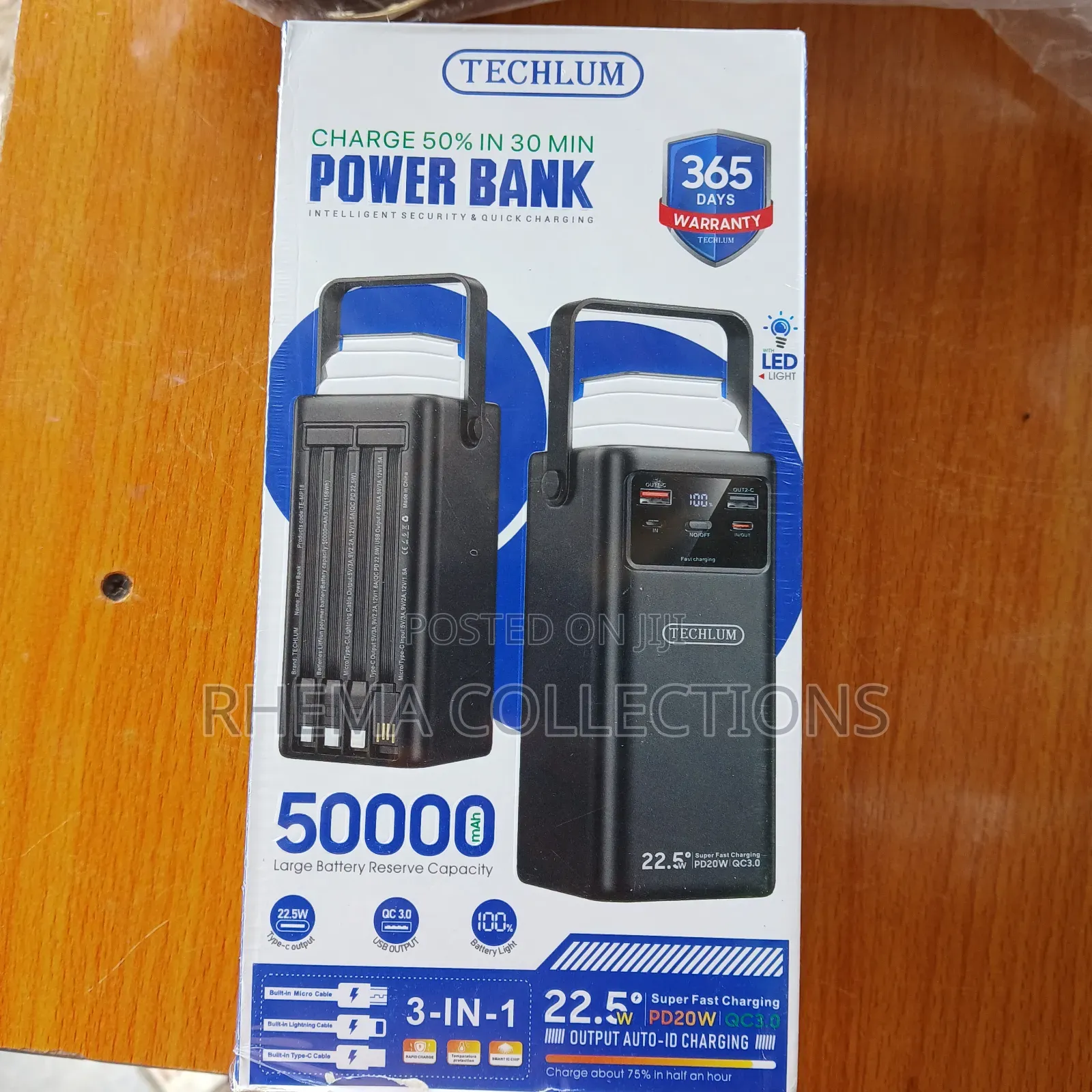 50,000mAh Techlum Power Bank – Fast Charging | 3-in-1 Built-in Cables