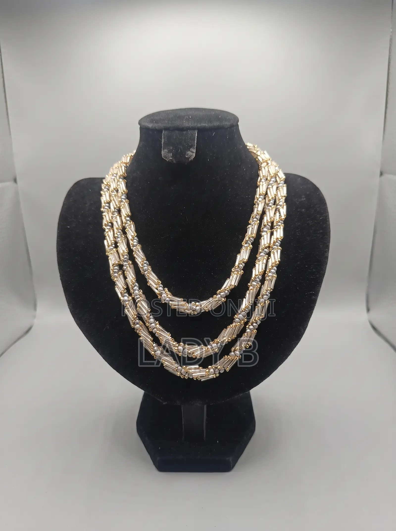Silver Gold 3layer Seedbead With Spiral Crystal Silvery Bugle Necklace