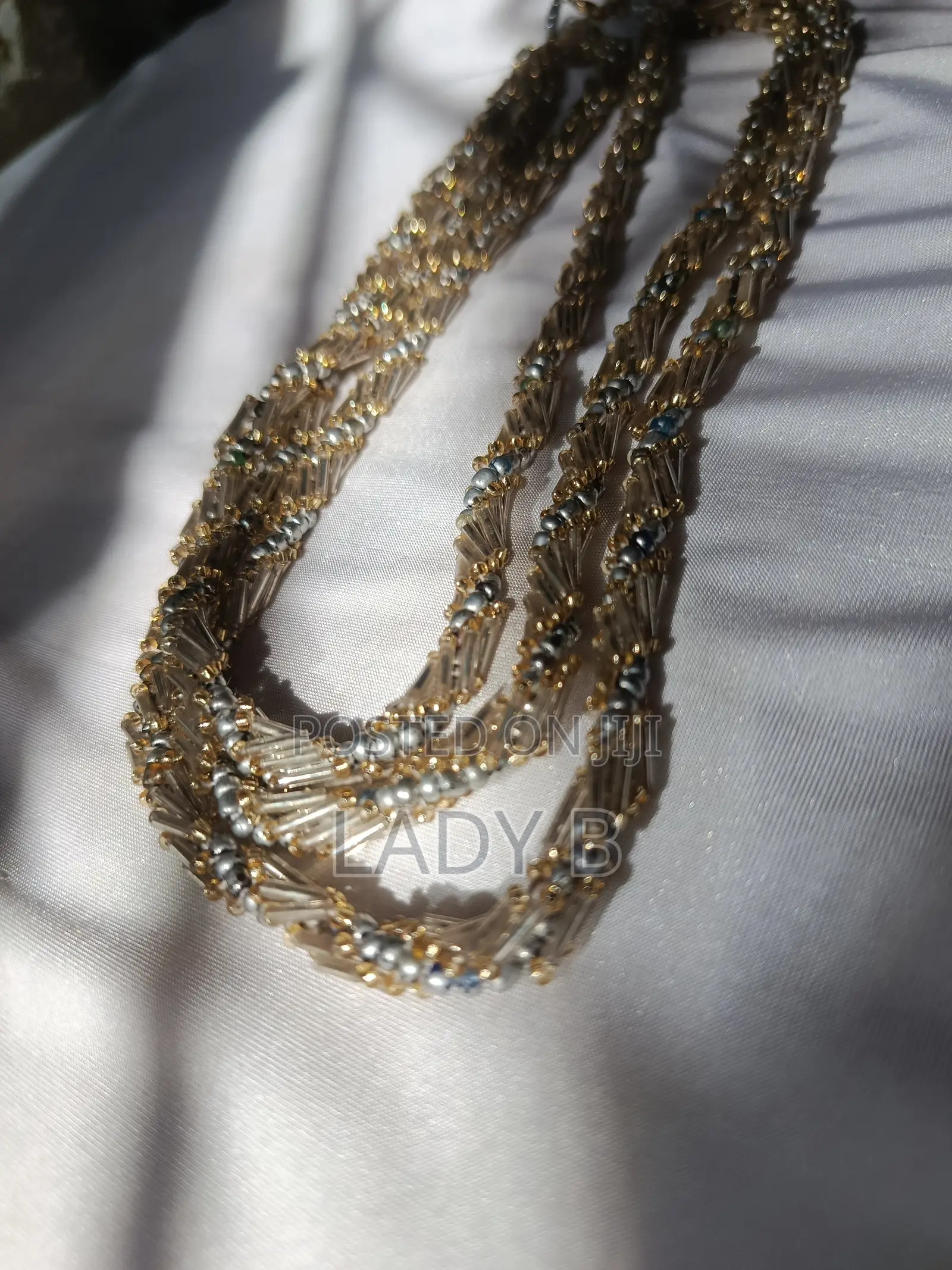 Silver Gold 3layer Seedbead With Spiral Crystal Silvery Bugle Necklace