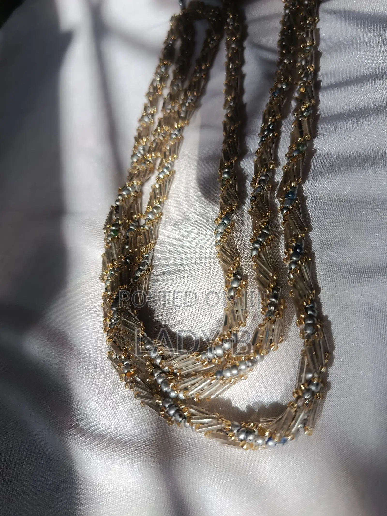 Silver Gold 3layer Seedbead With Spiral Crystal Silvery Bugle Necklace