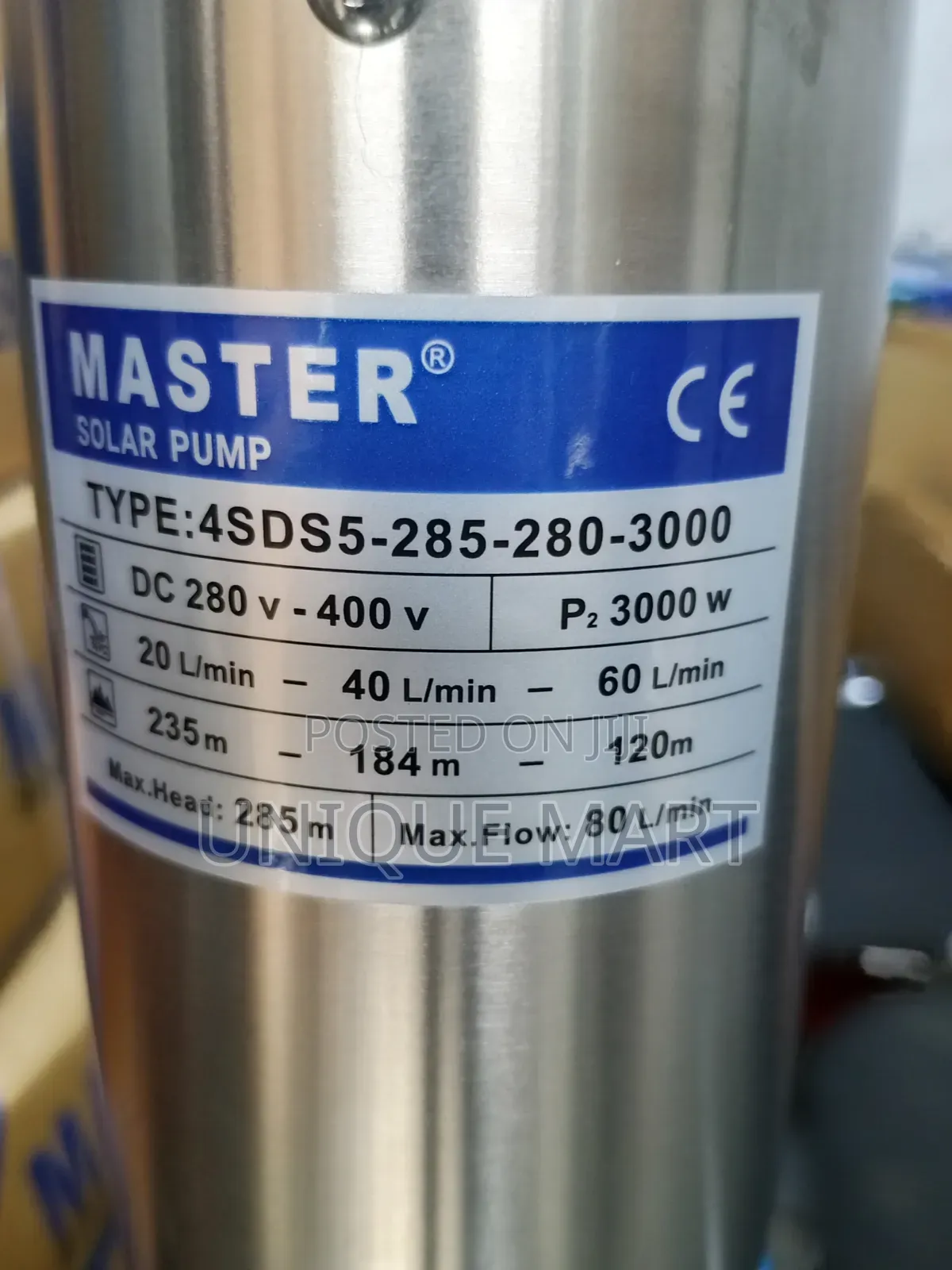 5.5HP DC Solar Submersible Pump. 100% Copper Coil. Max Head:285 Meters