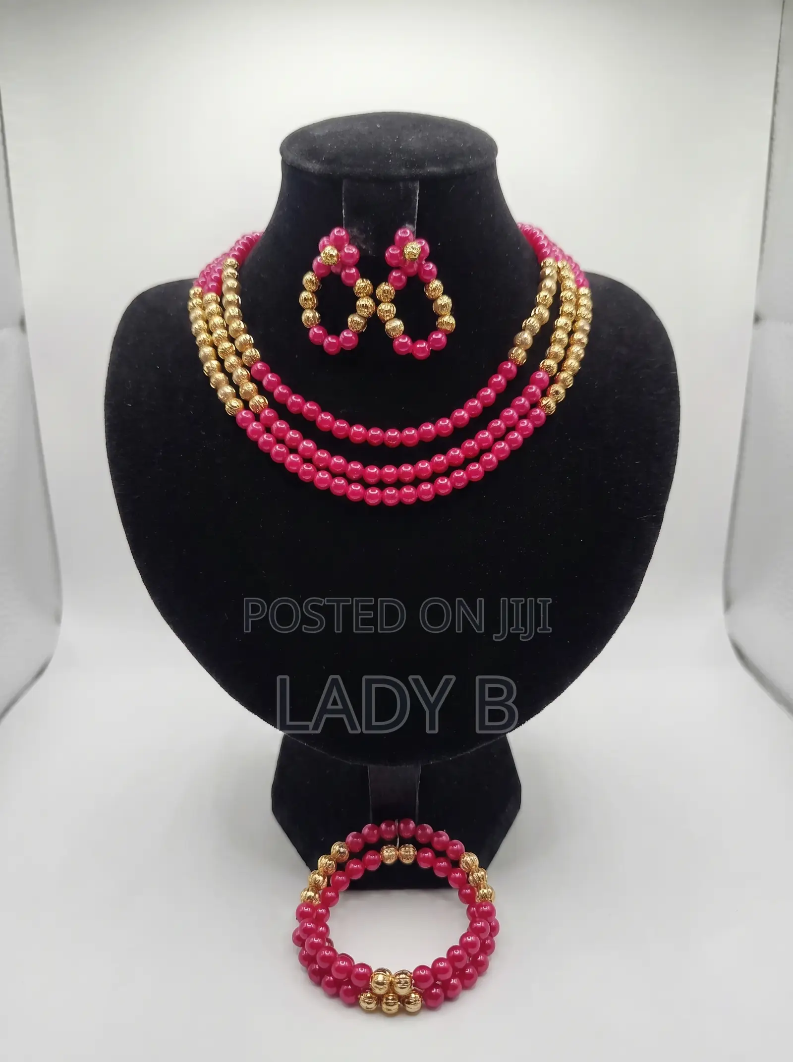 Pink and Gold Beaded Layered Necklace, Earrings and Bracelet Set