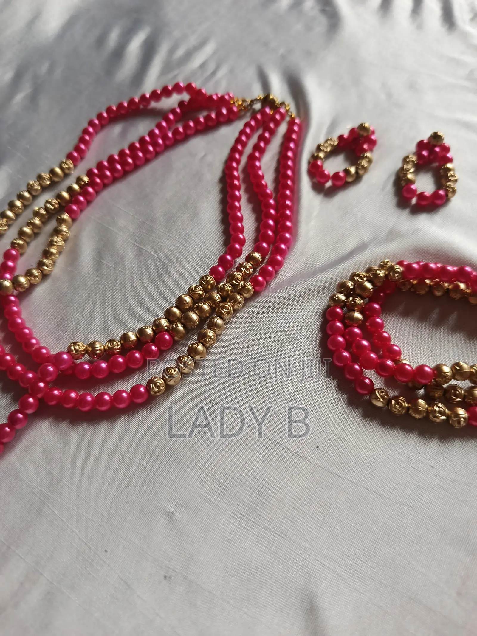 Pink and Gold Beaded Layered Necklace, Earrings and Bracelet Set