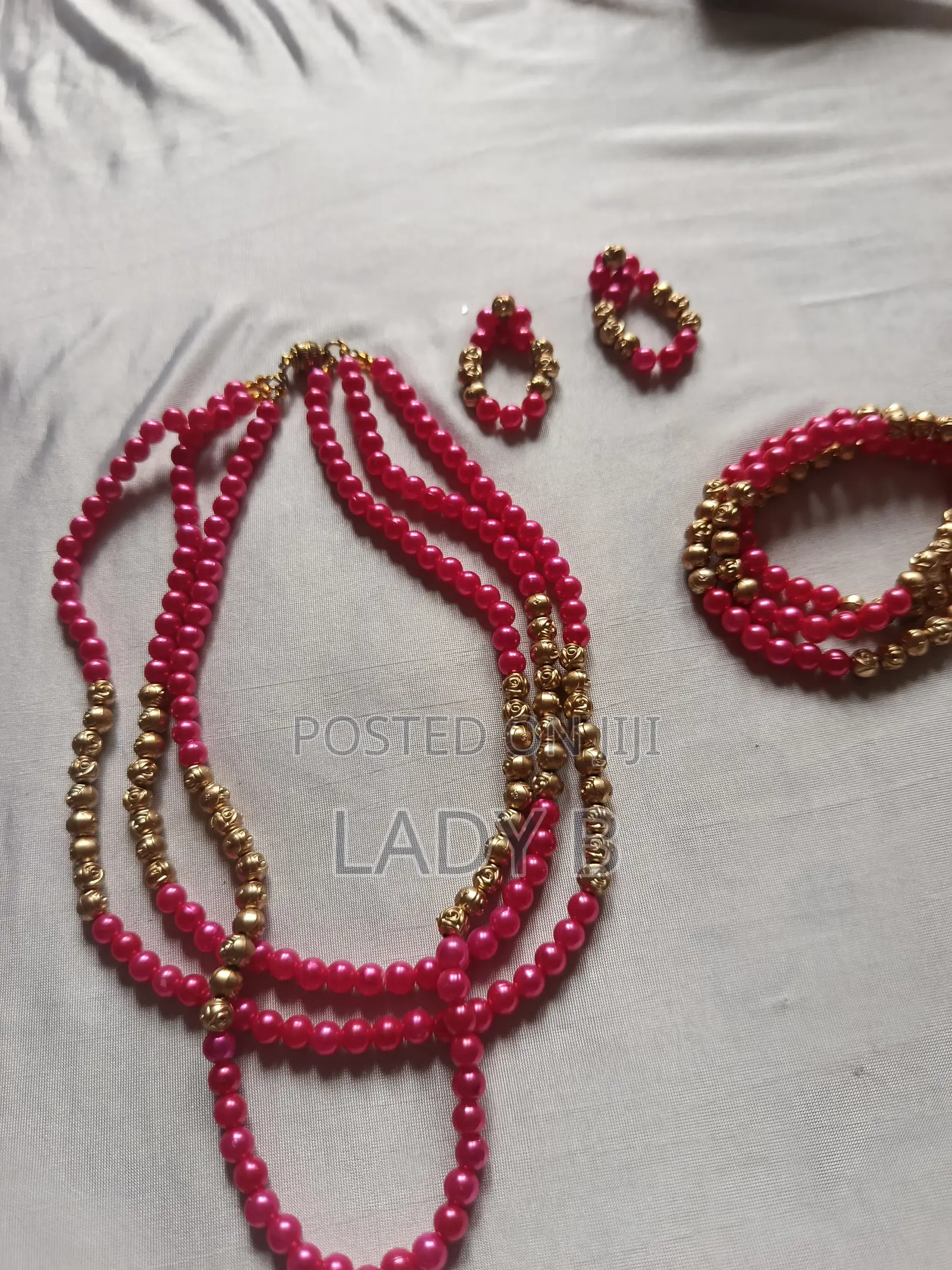 Pink and Gold Beaded Layered Necklace, Earrings and Bracelet Set