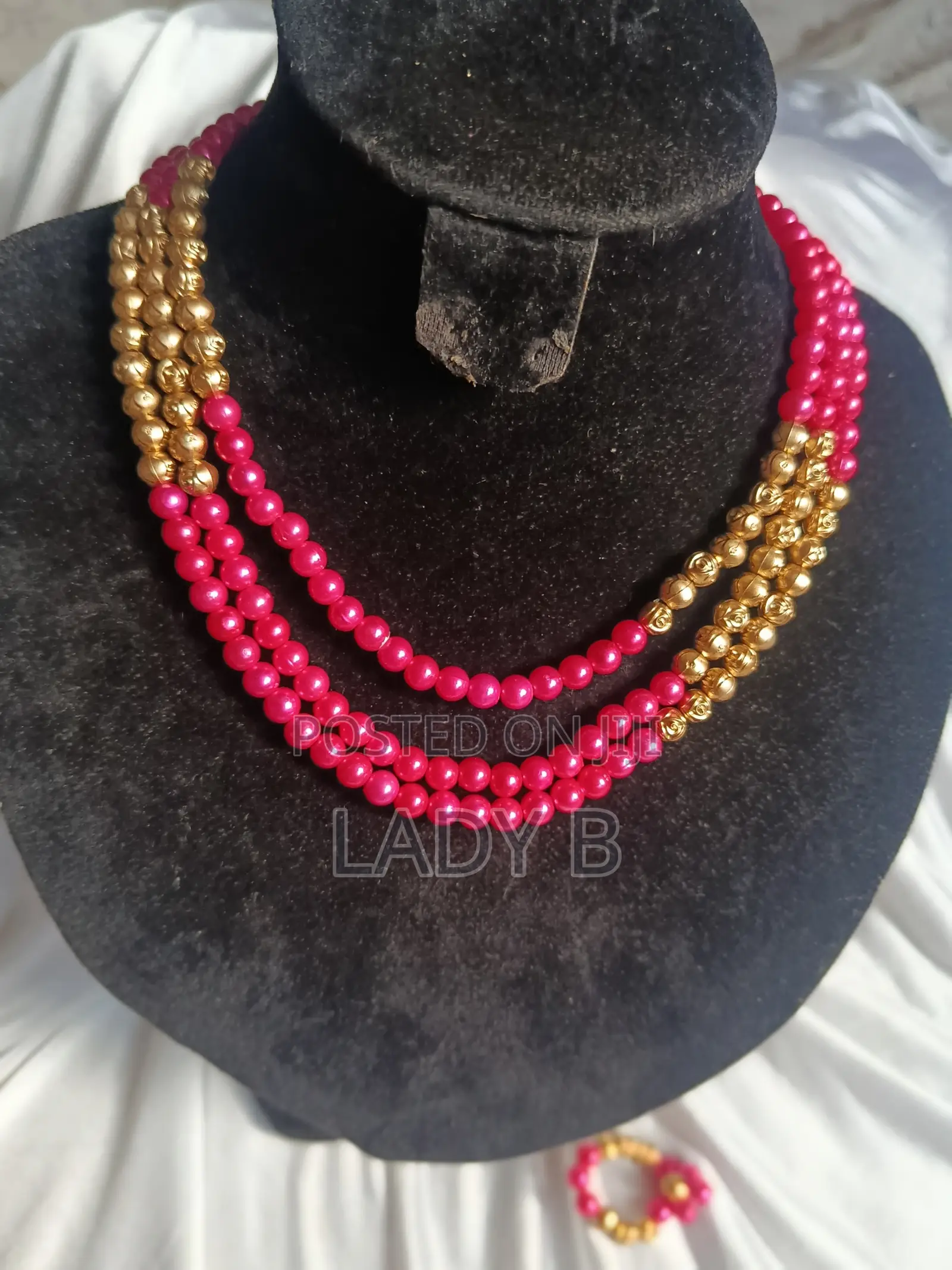 Pink and Gold Beaded Layered Necklace, Earrings and Bracelet Set