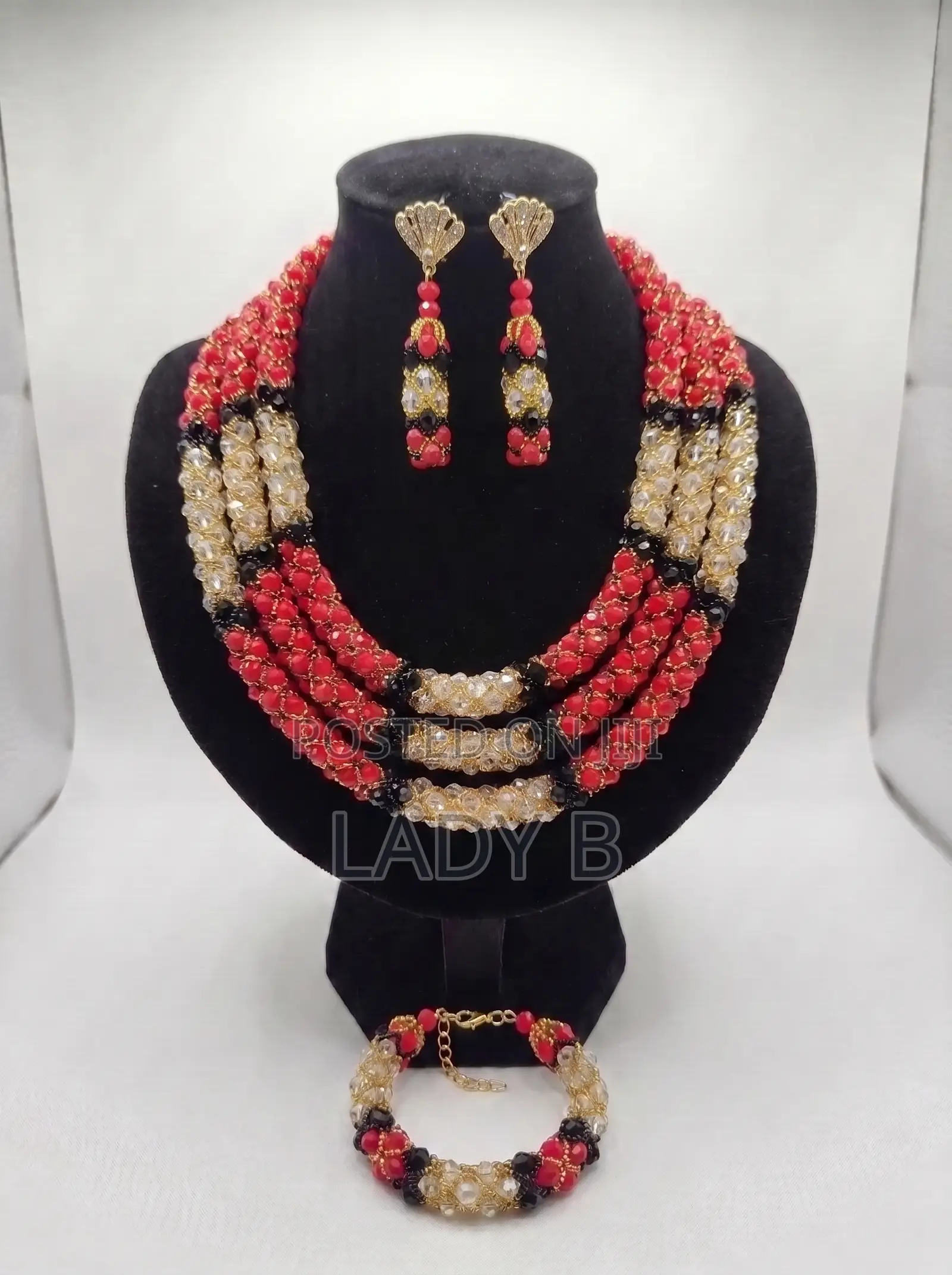 Elegant Royal Red, Crystal and Black Traditional/Bridal Beaded Set