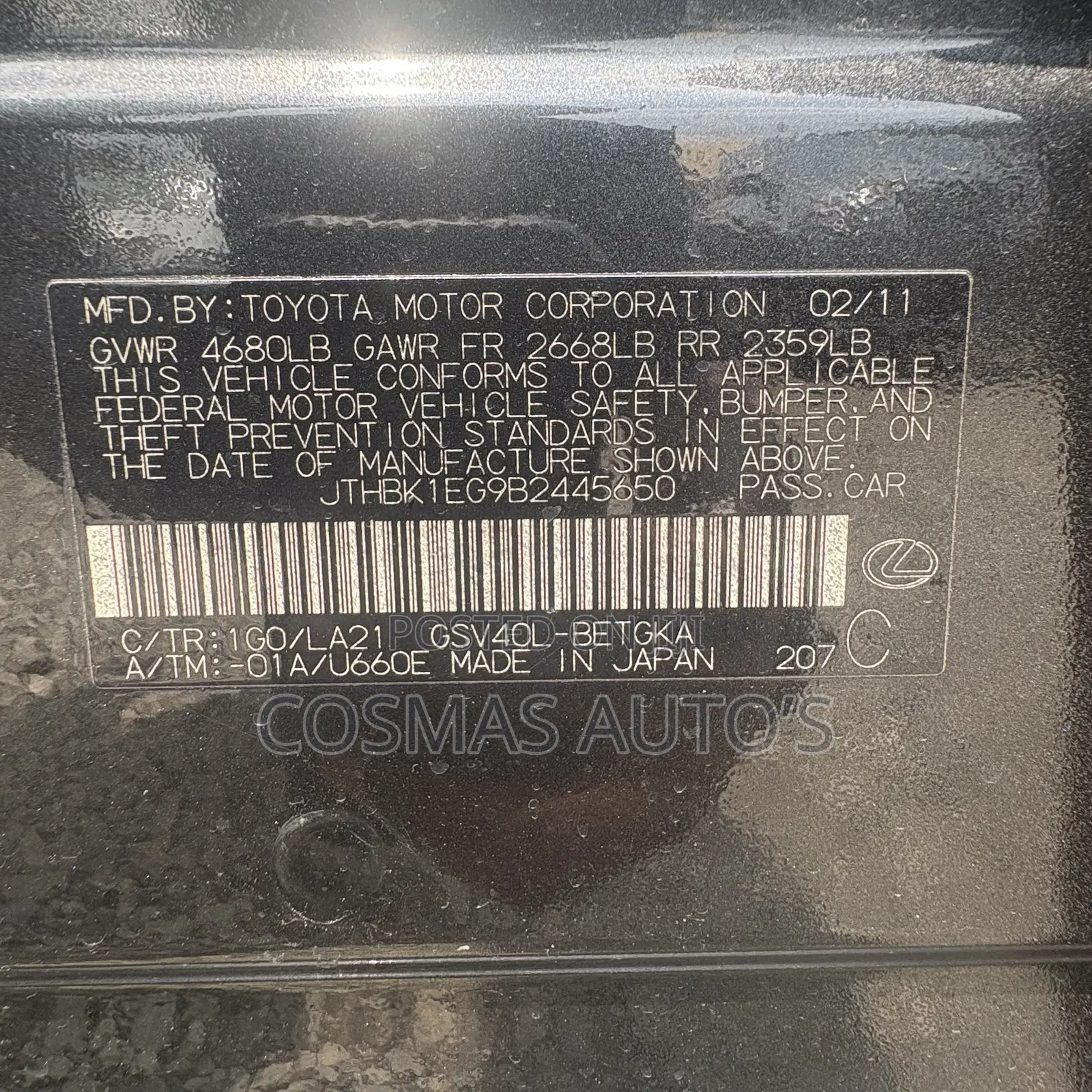 Lexus ES 350 2011 Black