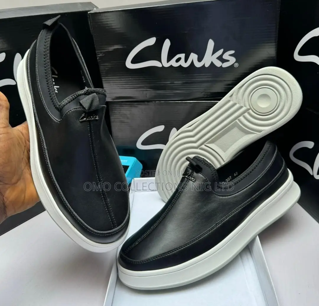 Clarks Men's Black Leather Slip-on Shoe With White Sole - Fully Boxed