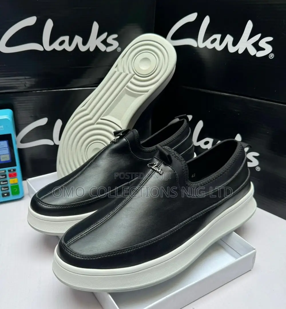 Clarks Men's Black Leather Slip-on Shoe With White Sole - Fully Boxed