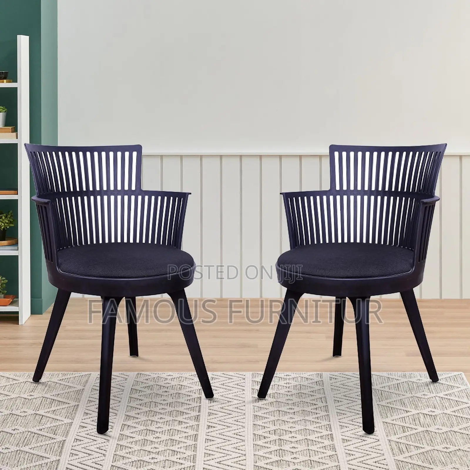 Modern Black Plastic Armchairs With Slatted Backrests and Cushioned