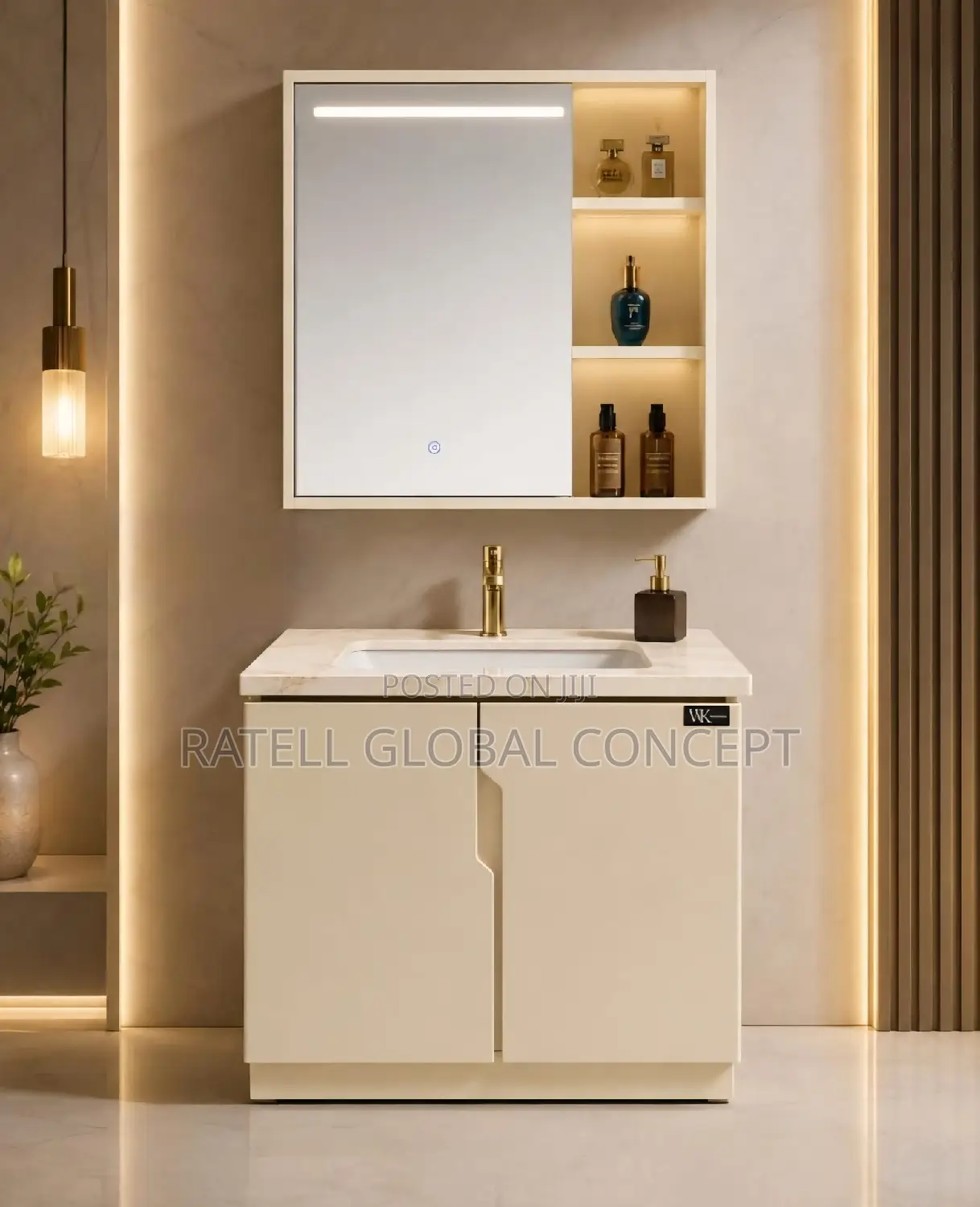 Marble Top Cabinet Wash Hand Basin With Shelve Sensor Mirror