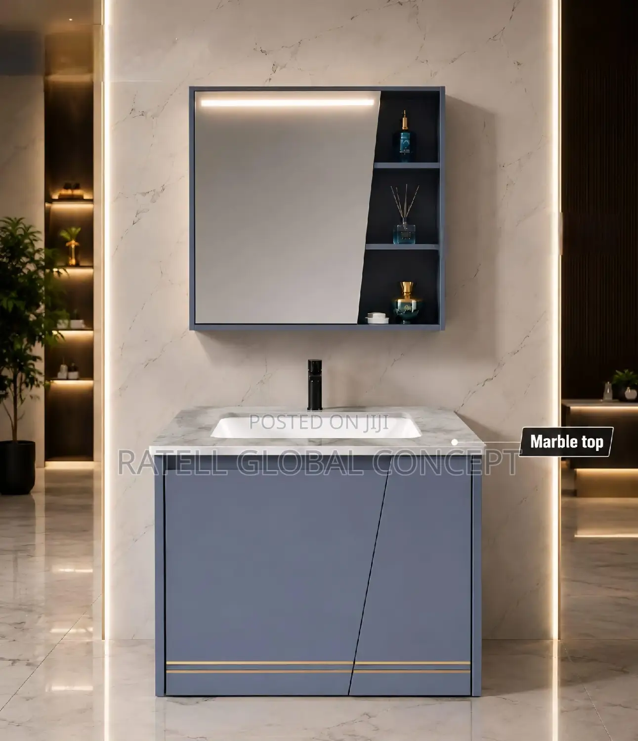 Marble Top Cabinet Wash Hand Basin With Shelve Sensor Mirror