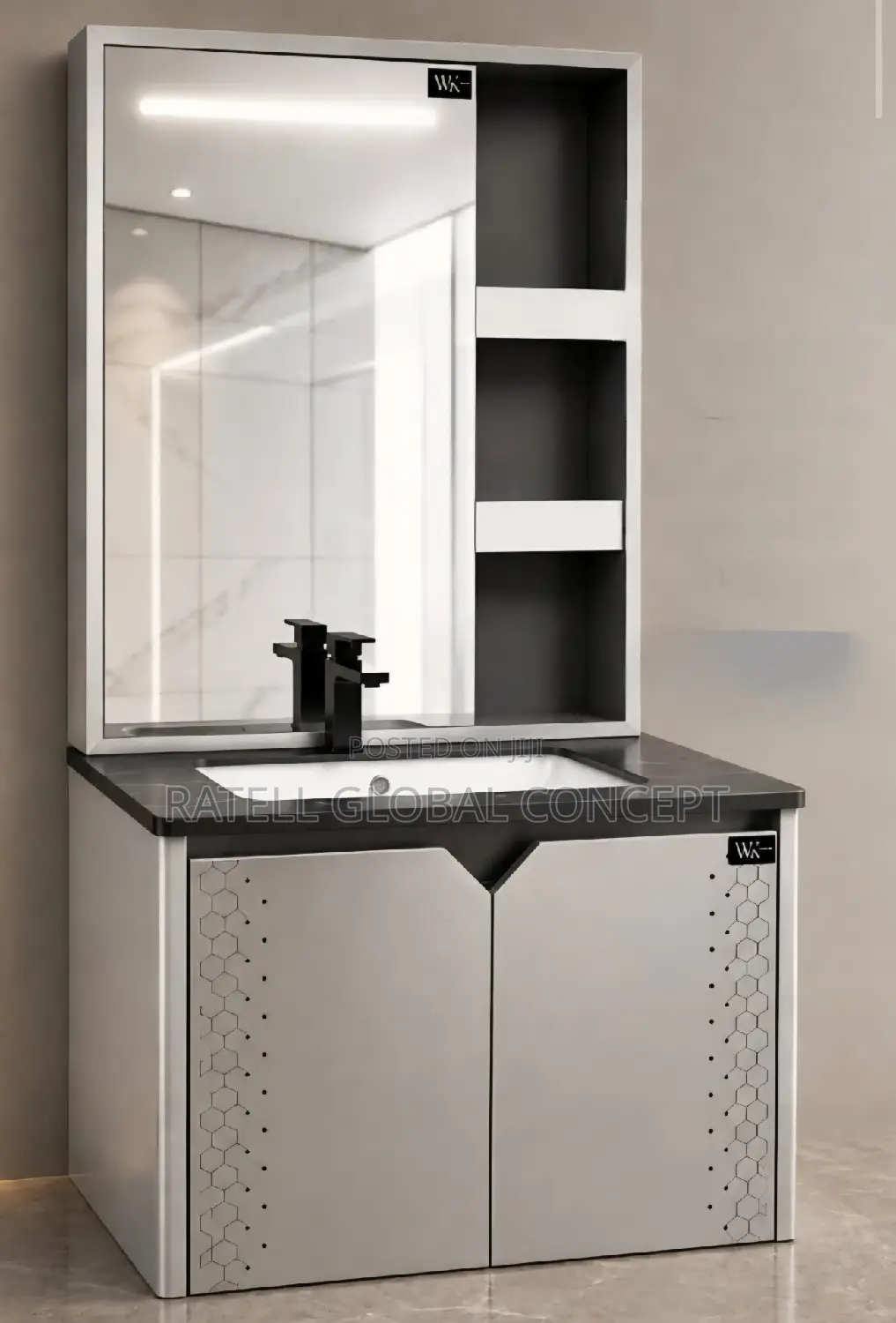 Marble Top Cabinet Wash Hand Basin With Shelve Sensor Mirror