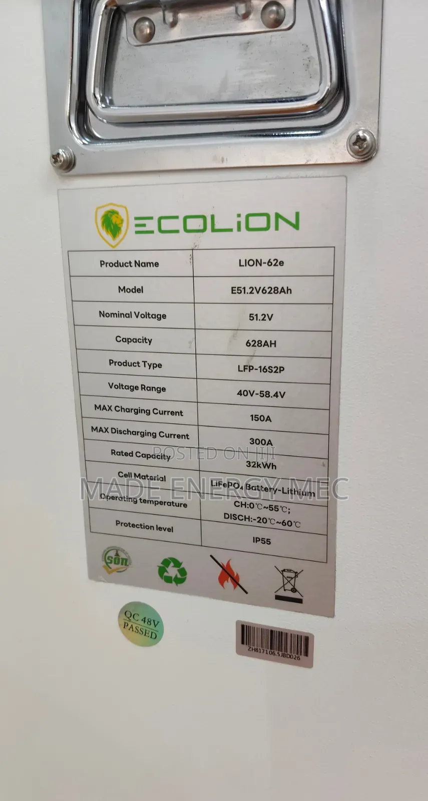 32kWh ECOLION LiFePO4 Lithium Battery – 51.2V 628Ah