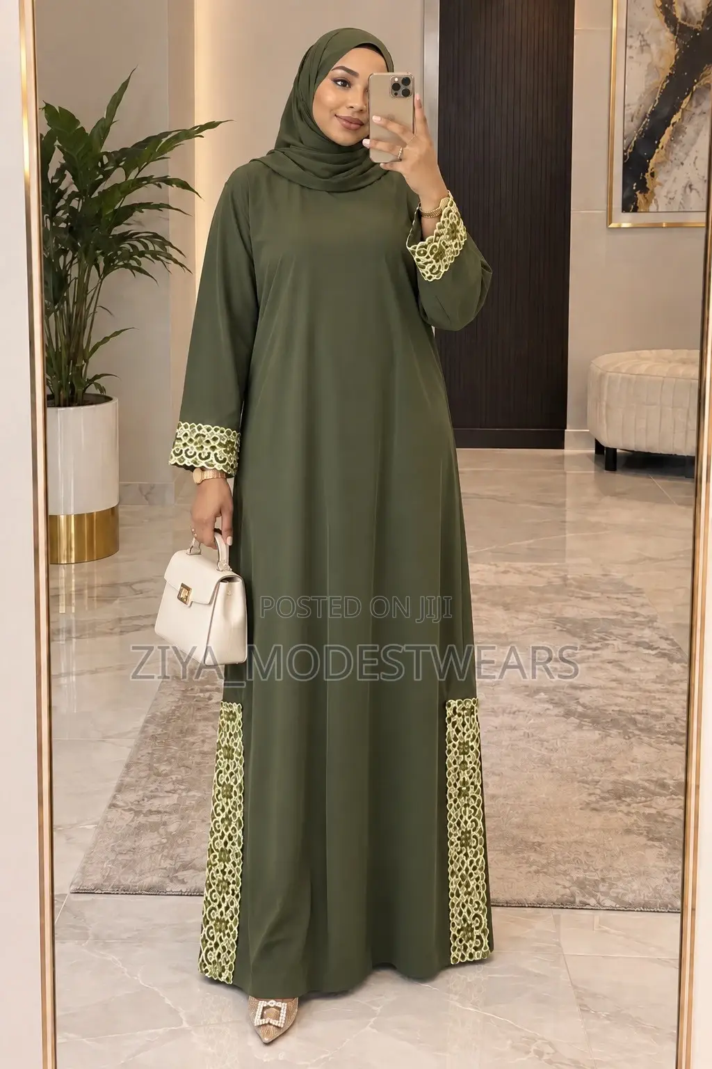 Army Green Abaya With Side Embroidery | Modest Luxury Gown