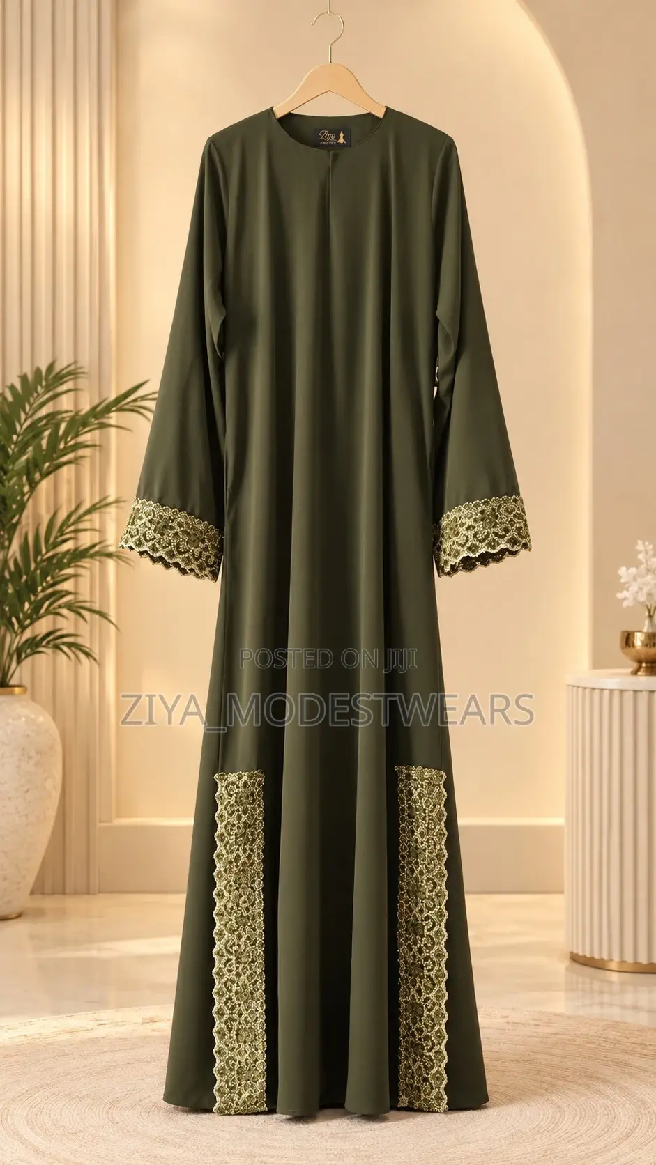 Army Green Abaya With Side Embroidery | Modest Luxury Gown