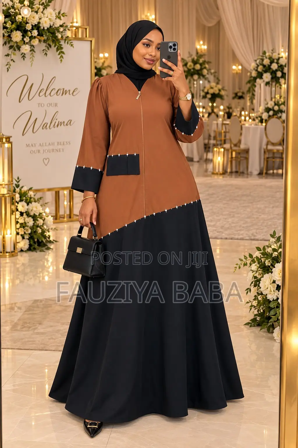 Burnt Orange Black Stone Abaya | Elegant Modest Wear