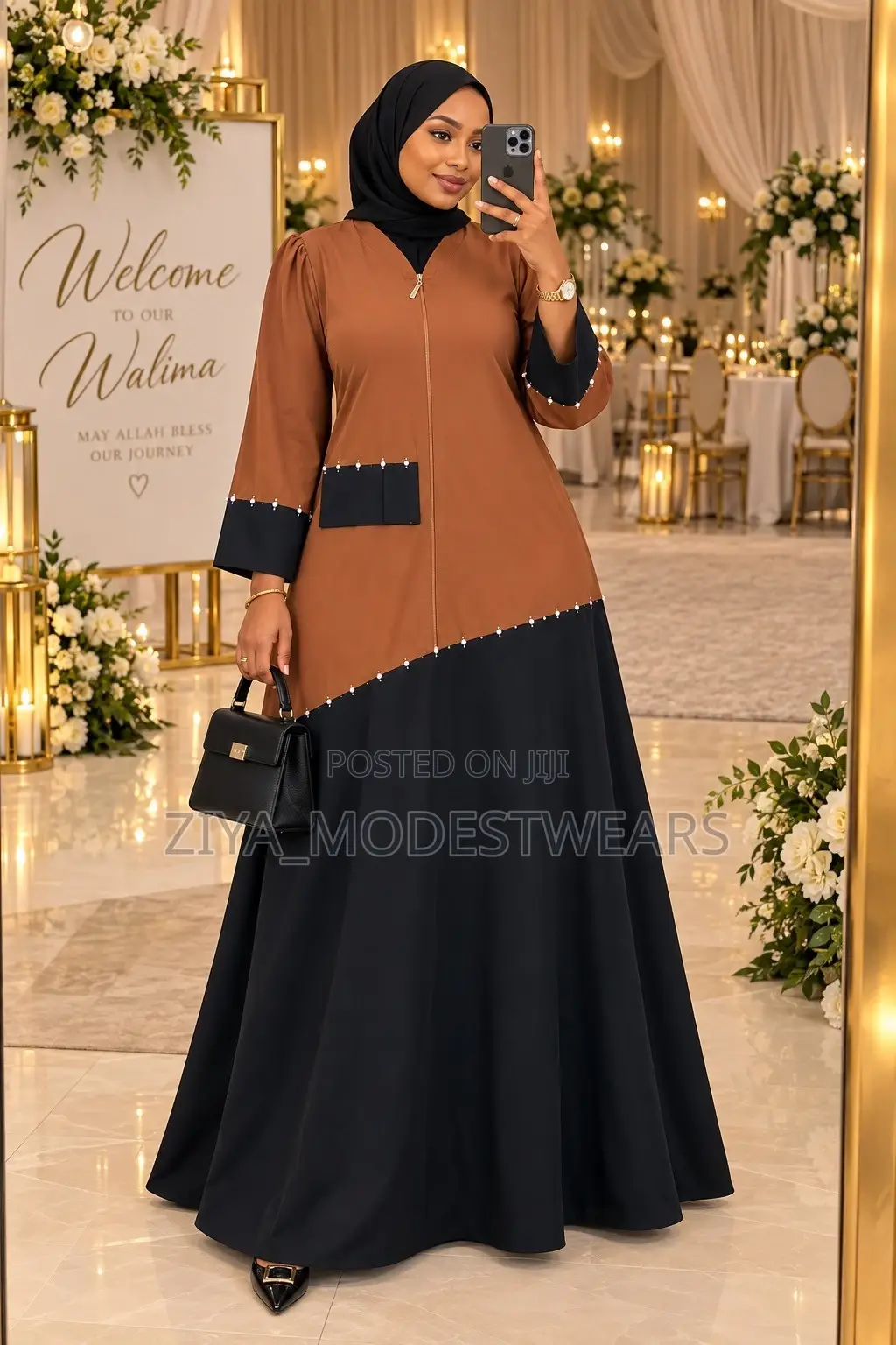 Burnt Orange Black Stone Abaya | Elegant Modest Wear