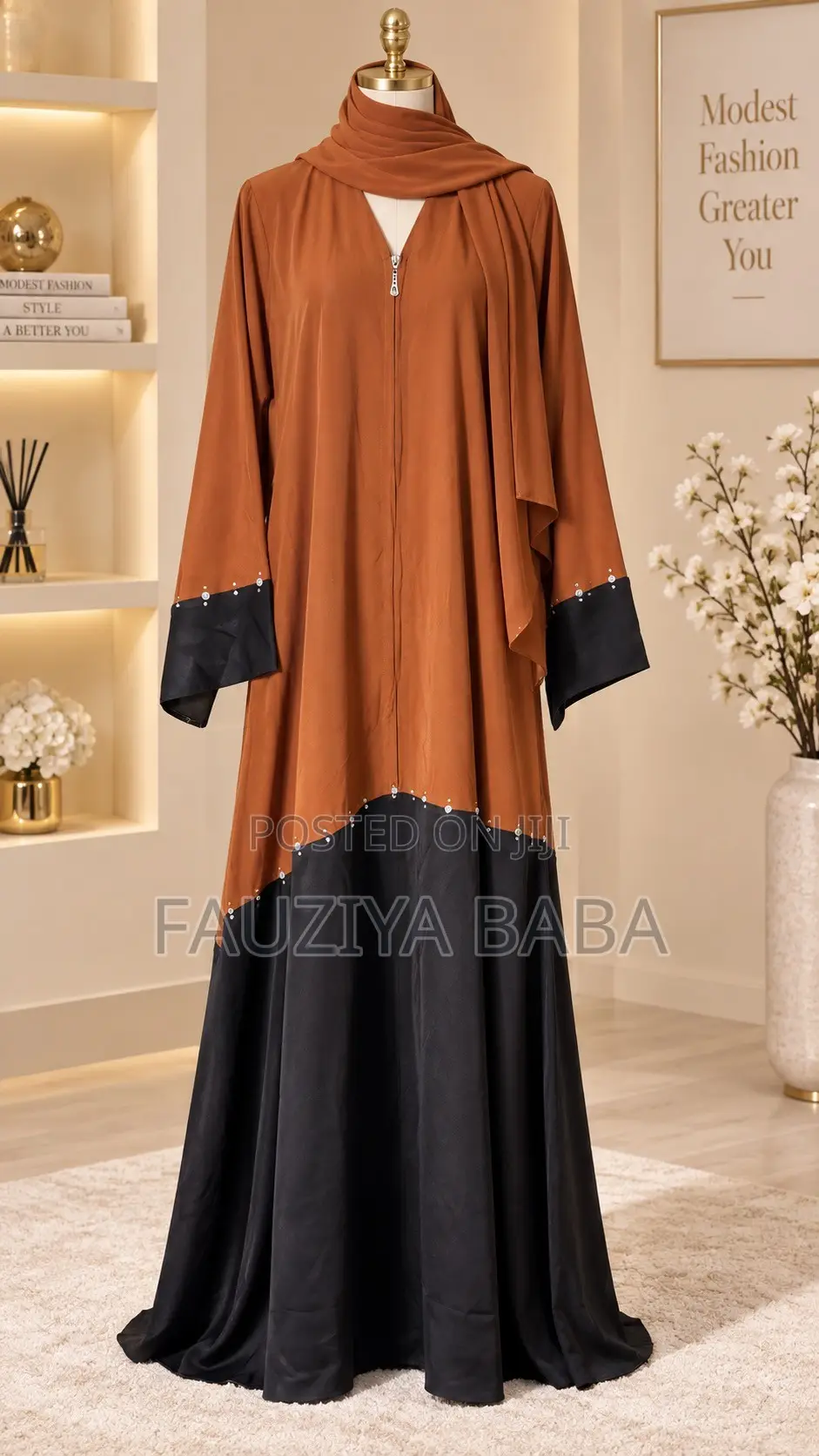 Burnt Orange Black Stone Abaya | Elegant Modest Wear